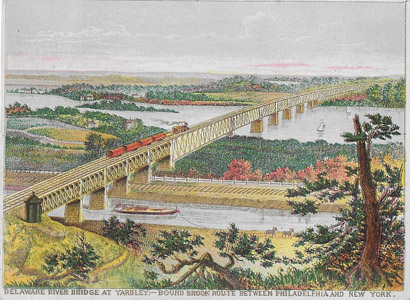 This colorful 1895 advertisement for the Reading Railroad’s New York to Philadelphia “Bound Brook Route” depicts a boat and mules on Delaware and Raritan Feeder Canal beneath the Yardleyville Centennial Bridge which spanned the Delaware River between Ewing Township and Lower Makefield, Pennsylvania.  The Whipple Truss Bridge was considered an engineering marvel when it was built in 1875.  The bridge was replaced by the current concrete arch West Trenton Railroad Bridge in 1913.  The bridge abutments can still be seen in the Delaware River today.